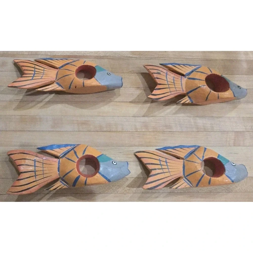 VTG Hand Painted Carved Wooden Tropical‎ Fish Sea Napkin Holders Rings Set of 8